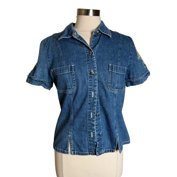 Vintage Tops - Vintage Ease Sport‎ Embroidered Floral Paisley Cutout Denim Shirt Womens 10